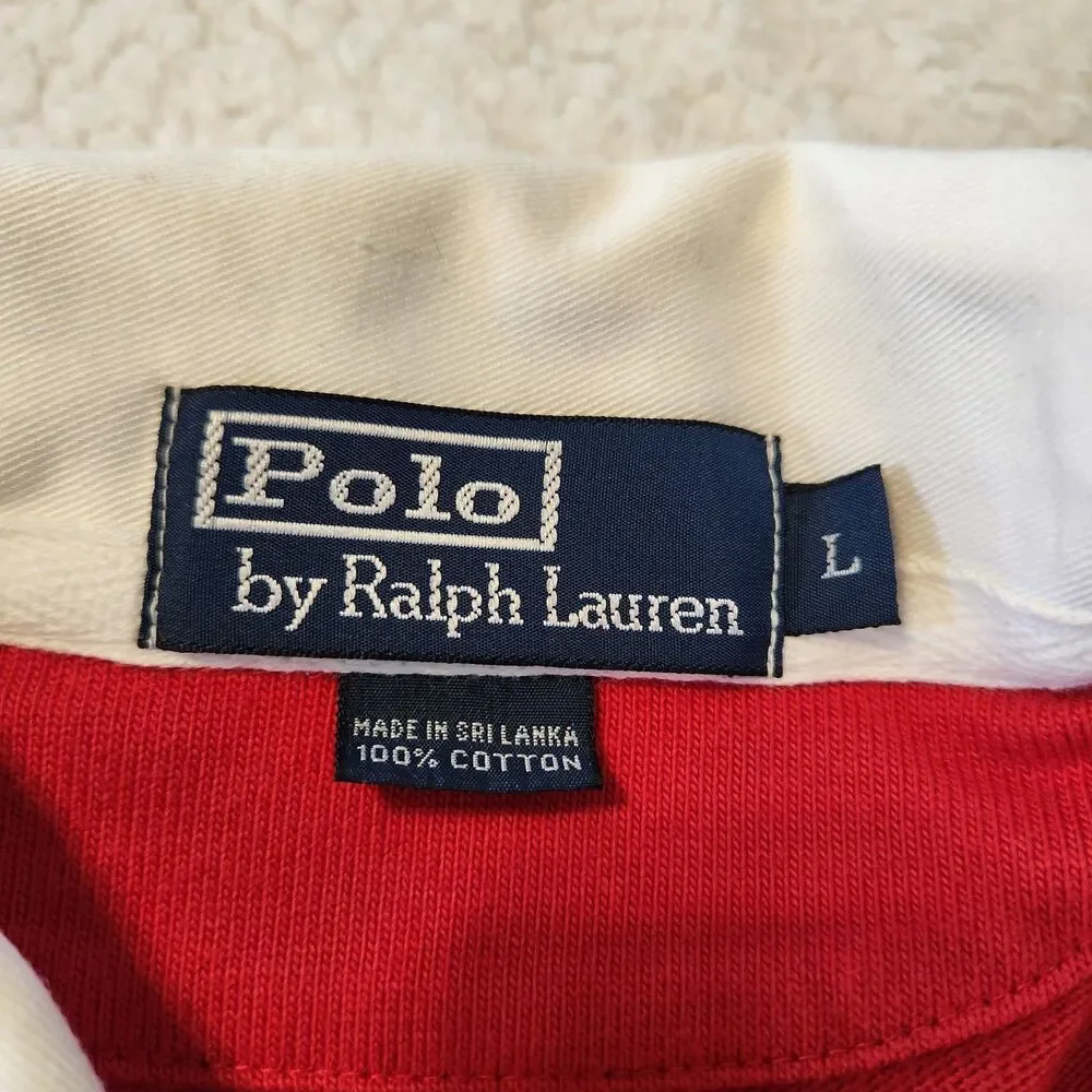 Vintage Polo Ralph Lauren Mens Red Rugby Long Sleeve Shirt Big Pony Size L